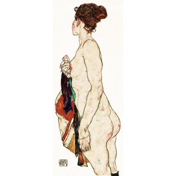 Photocircle Poster / Leinwandbild - Egon Schiele: Stehende nackte Frau mit gemusterter Robe