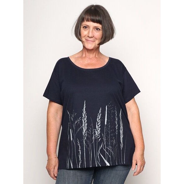 Peaces.bio - handbedruckte Biomode Bio-Damen-Loosefit-T-Shirt Gräservielfalt