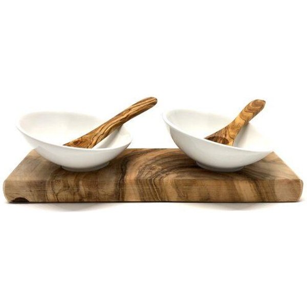 Olivenholz erleben Dipschalenset DESIGN Porzellan schräg inkl. 2 Löffel aus Olivenholz