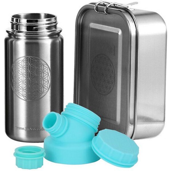 JN JuNiki's Einschulungs-Set "Blume des Lebens": Lunchbox + isolierte Edelstahltrinkflasche