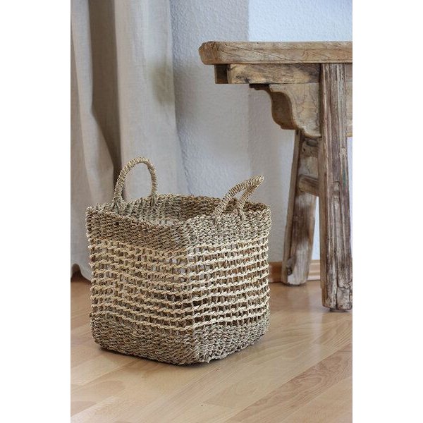 GLOBO Fair Trade Seegraskorb SEN Palmblatt und Seegras, 20-40cm, quadratisch mit Griffen