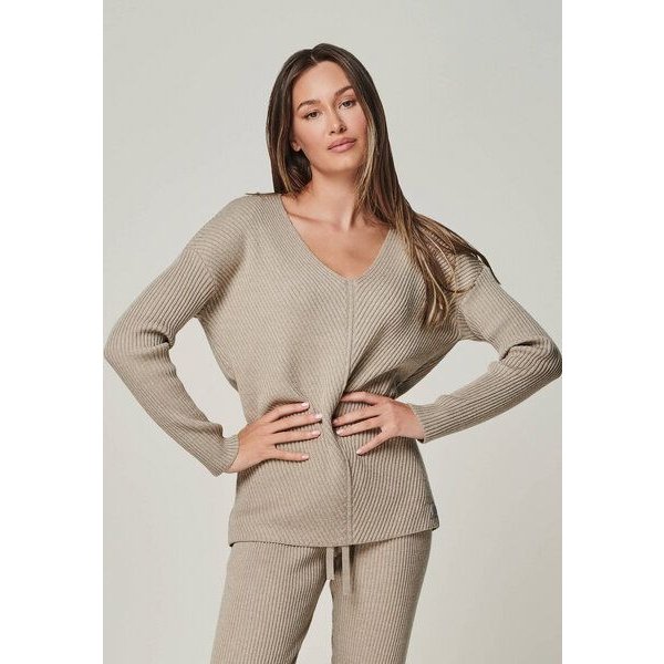 YOU LOOK PERFECT 100% Merino Rippen-Strickpullover mit V-Ausschnitt "Blossom"