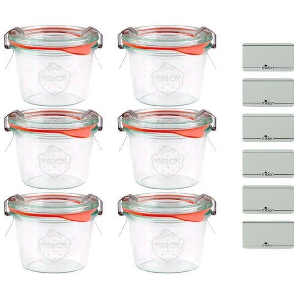 mikken 6er Set Weck Sturzgläser 80 / 140 / 160 / 290 / 370 / 580 / 850 ml Glas mit Etiketten
