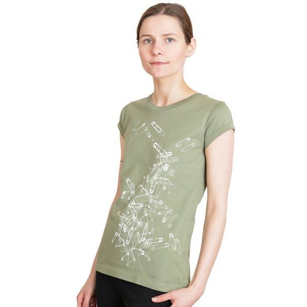 Spangeltangel Damen T-Shirt aus Bio-Baumwolle „Sicherheitsnadeln“ khaki
