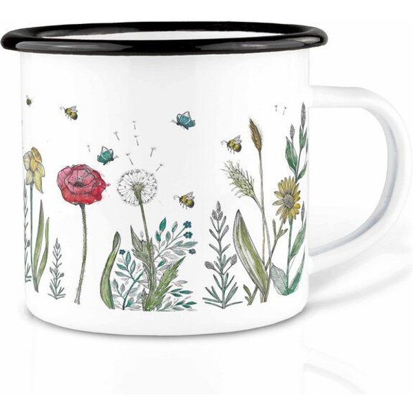 Emailletasse »Blumenwiese« von LIGARTI | 300 oder 500 ml | handveredelt in Deutschland | Cup, Kaffeetasse, Emaillebecher, Camping Becher
