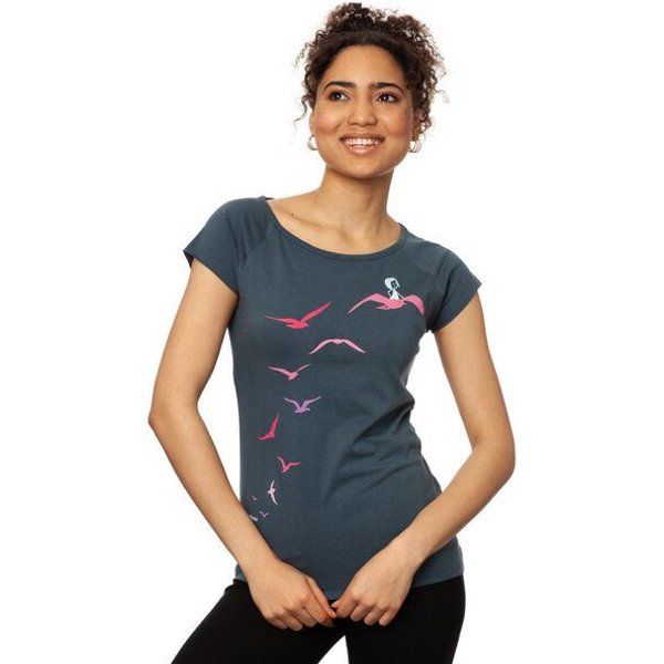 FellHerz Damen T-Shirt Möwenflug Blau-Grau aus 100% Biobaumwolle