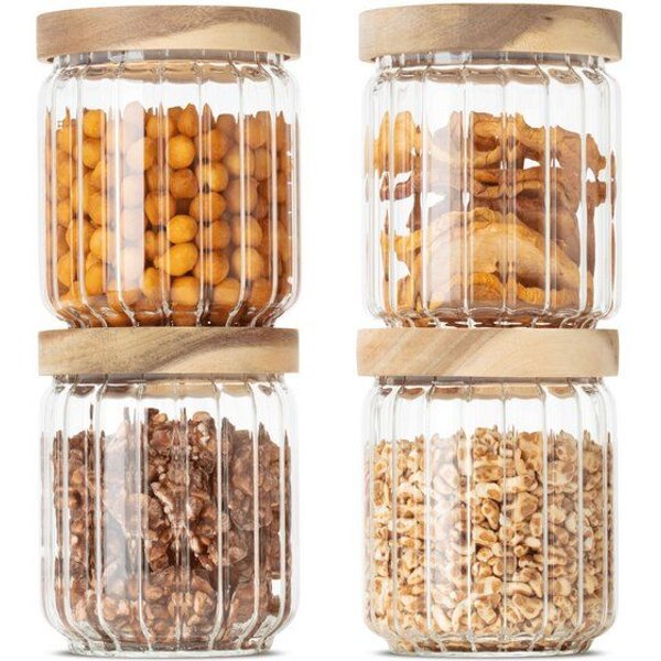 Econovo Vorratsgläser mit Holzdeckel | 500ml (Set 4-tlg.) | Kollektion Gemustert