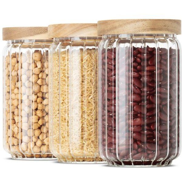 Econovo Vorratsgläser mit Holzdeckel | 700ml (Set 3-tlg.) | Kollektion Gemustert
