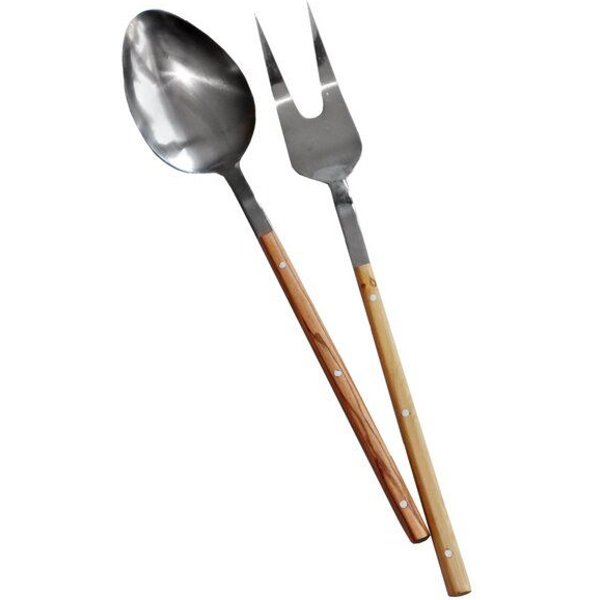 NATUREHOME Salatbesteck Olivenholz & Edelstahl – 2-teiliges Salatserver-Set, Salatlöffel und Salatgabel mit Holzgriff, handgefertigt