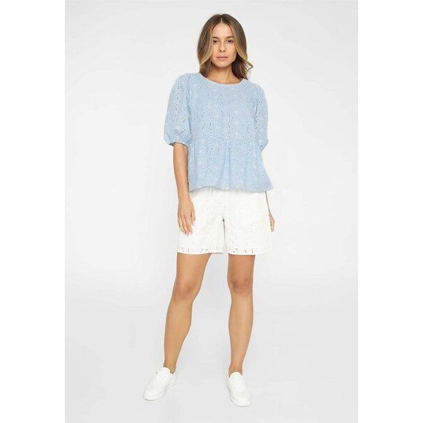 KnowledgeCotton Apparel Bluse Broderie Anglaise mit Puffärmeln aus Baumwoll-Leinenmix