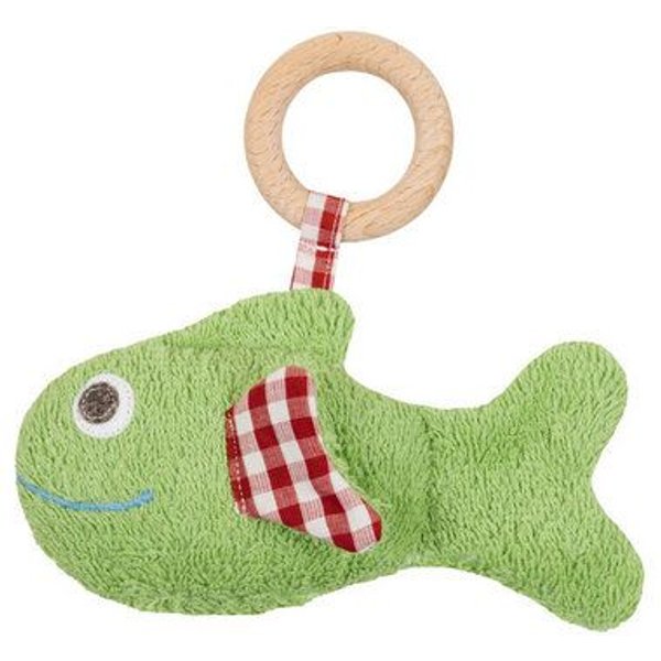 Efie Fisch grün, mit Rassel und Holzring, kbA (organic), Made in Germany