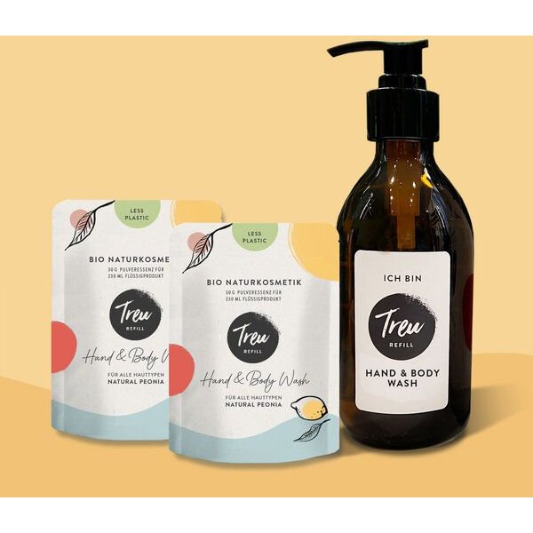 Treu-Refill Bio Naturkosmetik Hand & Body Wash in Pulverform mit Glas Refill-Flasche