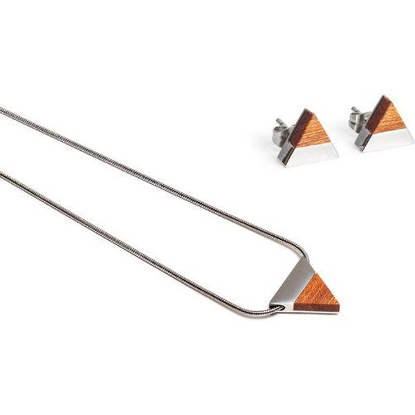 BeWooden Dreieckiger Set - Ohrringe & Kette mit Anhänger - Holz und Edelstahl Kombination - Verschiedene Farbvarianten