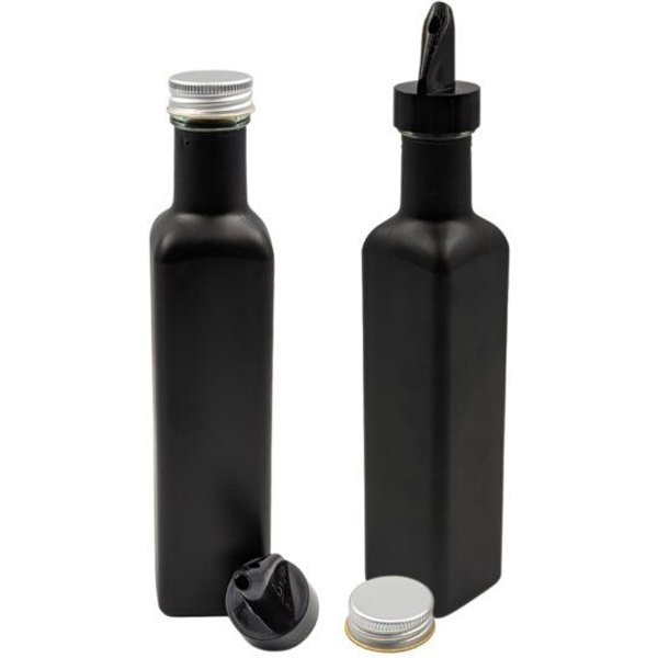 mikken 2er Set Ölflasche / Essigflasche 250 ml (schwarz beschichtet) mit Ausgießer Glasflaschen matt schwarz mit Dosierer + Schraubdeckel + 2 Etiketten