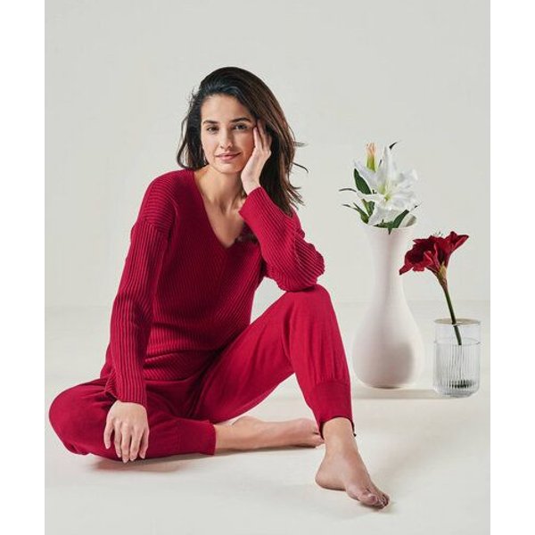 YOU LOOK PERFECT 100% Merino Rippen-Strickpullover mit V-Ausschnitt "Blossom"