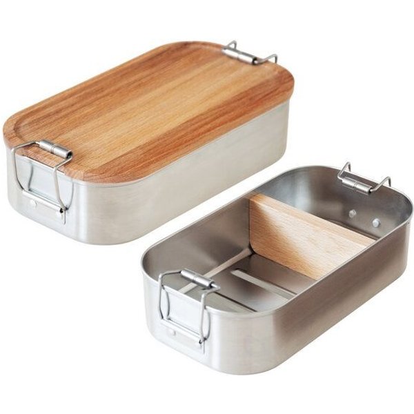 Cameleon Pack EDELSTAHL Lunchbox mit Deckel und Trennsteg aus heimischem Buchen Holz