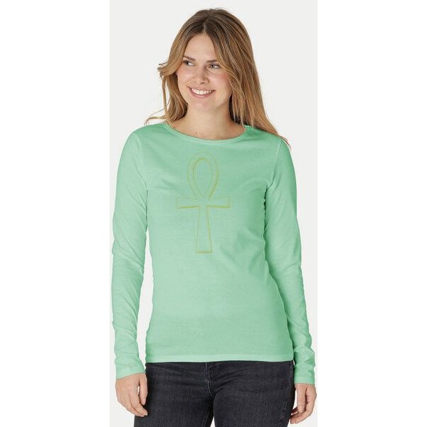 Peaces.bio - handbedruckte Biomode Bio-Damen-Langarmshirt "Ankh"