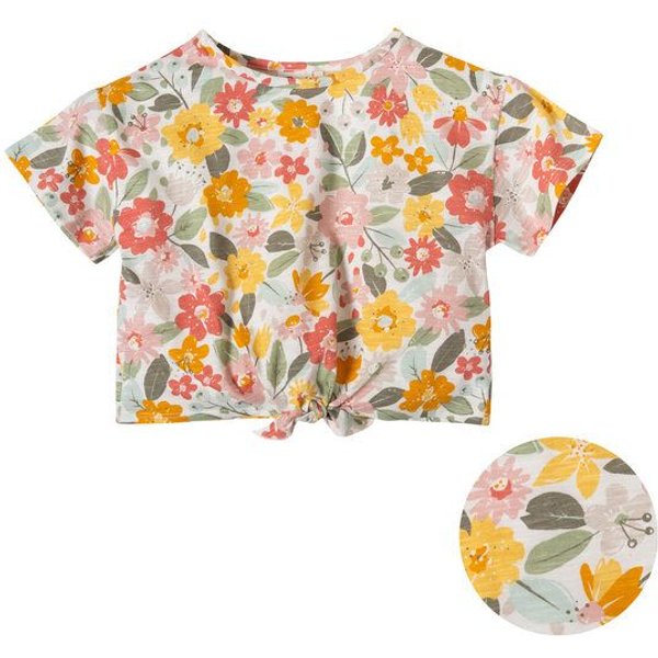 People Wear Organic Kurzarmshirt mit Knotendetail, bedruckt mit Dschungelblumen , aus Bio-Baumwolle