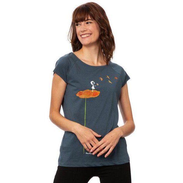 FellHerz Damen Raglan T-Shirt Schwalbenzug blau-grau aus 100% Biobaumwolle