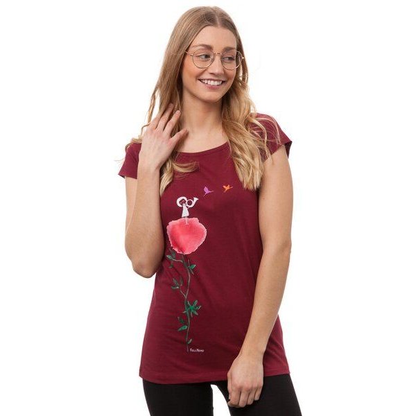 FellHerz Damen T-Shirt Kranichzug dunkelrot aus 100% Biobaumwolle