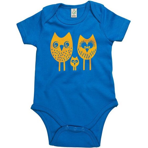 HANDGEDRUCKT "drei Eulen" Baby Body Earth Positive