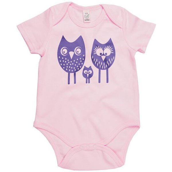 HANDGEDRUCKT "drei Eulen" Baby Body Earth Positive