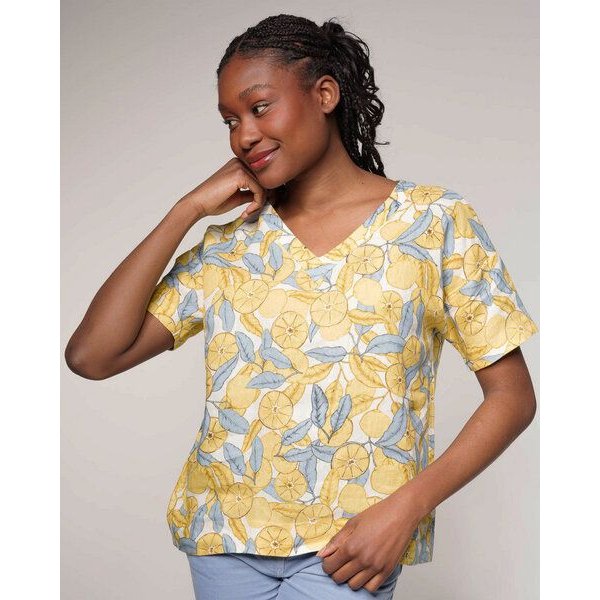 Alma & Lovis Allover-Print Blusenshirt aus reinem Leinen | Fruit V-Neck