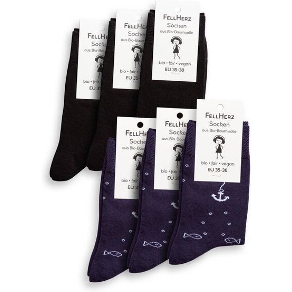 FellHerz 6er Pack Socken mit Biobaumwolle Anker dunkelblau und schwarz