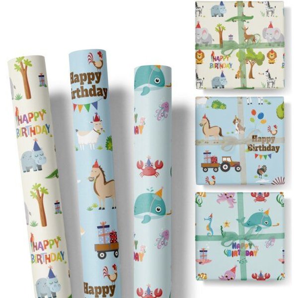 Fines Papeterie 3x 3m Geschenkpapier HAPPY BIRTHDAY ZOO Set für Kinder * 3 Rollen je 300x47 cm * Einpackpapier mit lustigen Tieren * Bauernhof * Safari * Meer