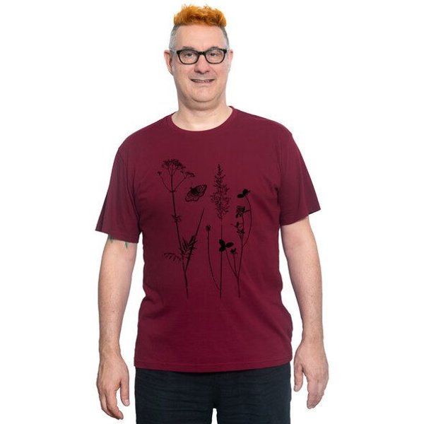 Hirschkind Männershirt "Schmetterlingswiese" weinrot - Handbedruckt in Berlin