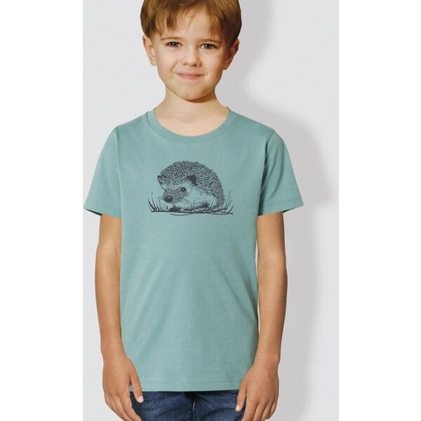 little kiwi Kinder T-Shirt, "Igel",Ocker, Teal Monstera