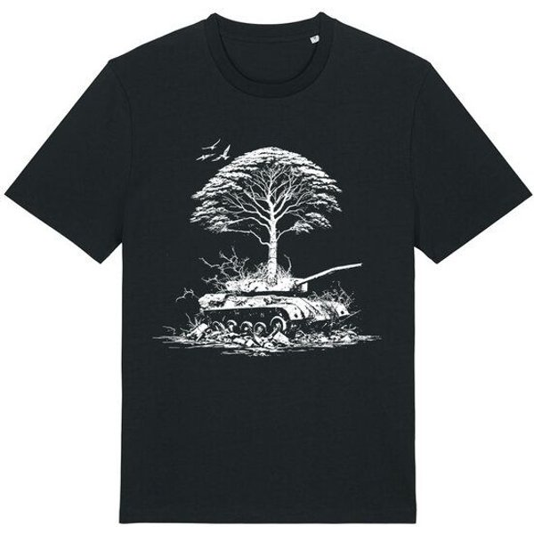 roots of compassion T-Shirt Frieden in der Natur (Panzer & Baum) bio, fair, vegan - weiter Schnitt - peace, Pazifismus, Utopie