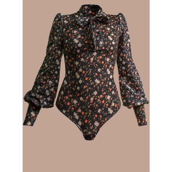 Atelier SNOW Eleganter Body mit Schleifenkragen und Puffärmeln