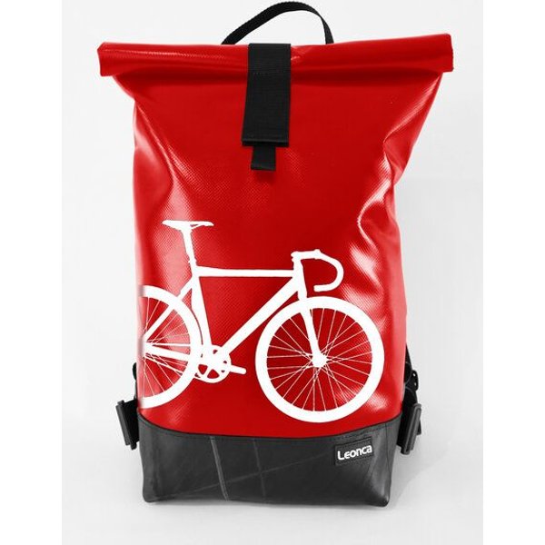 Leonca Rollrucksack aus LKW-Plane in 11 Farben/3 Größen mit Rennrad-Druck