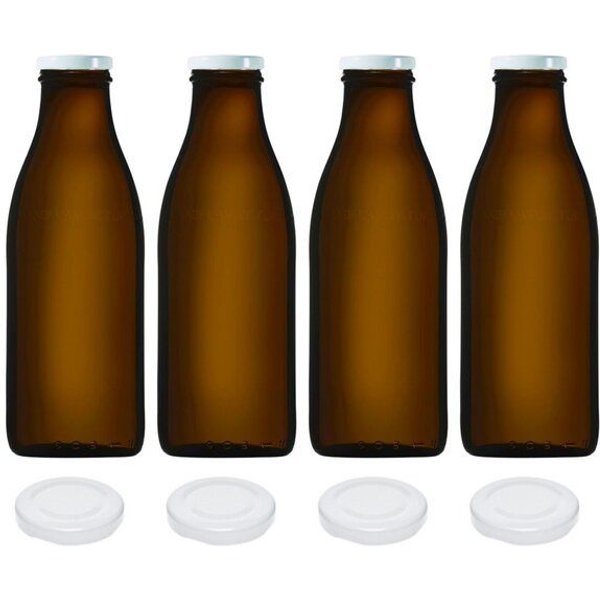 mikken 4er Set Milchflasche 1000 ml braune Glasflasche mit Ersatzdeckel Blueseal Deckel
