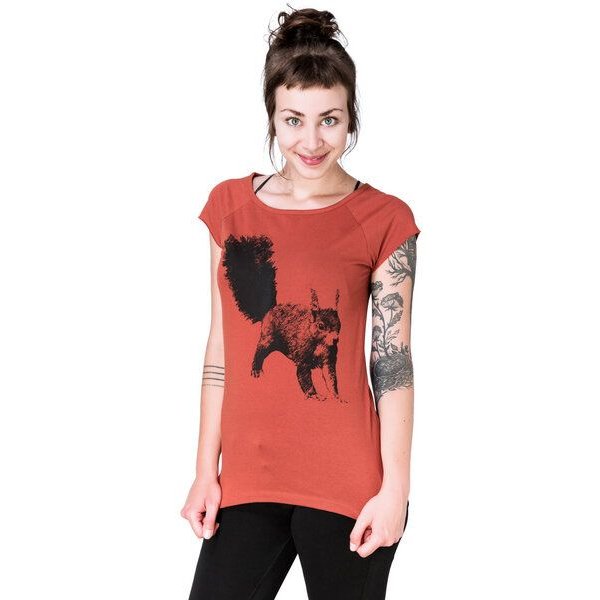 Hirschkind Frauenraglan-Shirt "Eichhörnchen" rostrot - Handbedruckt in Berlin