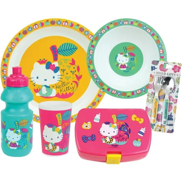 Set Vaisselle Assiette Creuse, Assiette, Gourde, Boite GoûTer Et 2 Couverts Enfant Fun House Hello Kitty-image