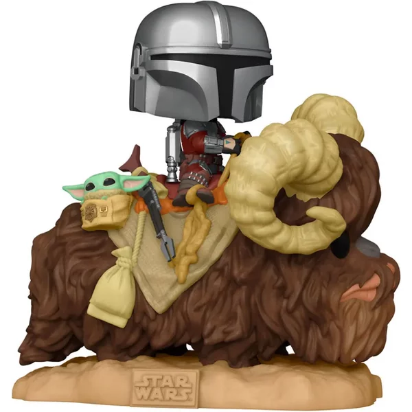 Figurine Funko Pop Star Wars The Mandalorian Mando On Bantha With Child In Bag-image