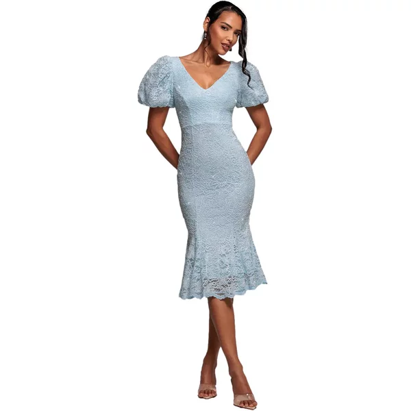 Midi Kleid Tailliert Ausgestelltes Mit PuffäRmeln Spitzenbesatz Damen Goddiva-image