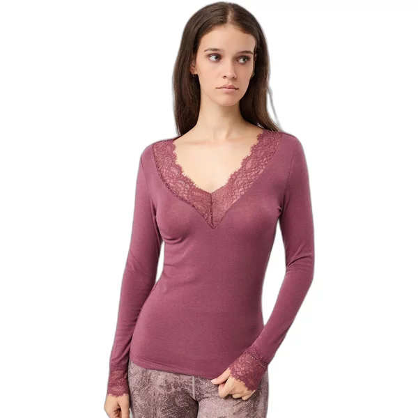 T-shirt manches longues col V en dentelle femme Mandala