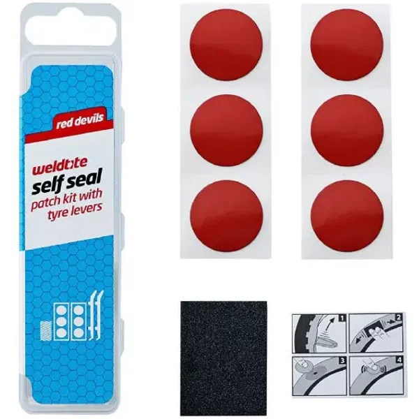 Kit RéParation Chambre à Air Red Devils Avec Rustines Autocollantes-Autoadhesives Rouges - BoîTe 6 Rustines Autoadhesives 25Mm + Papier Ponce Avec Notice Weldtite-image