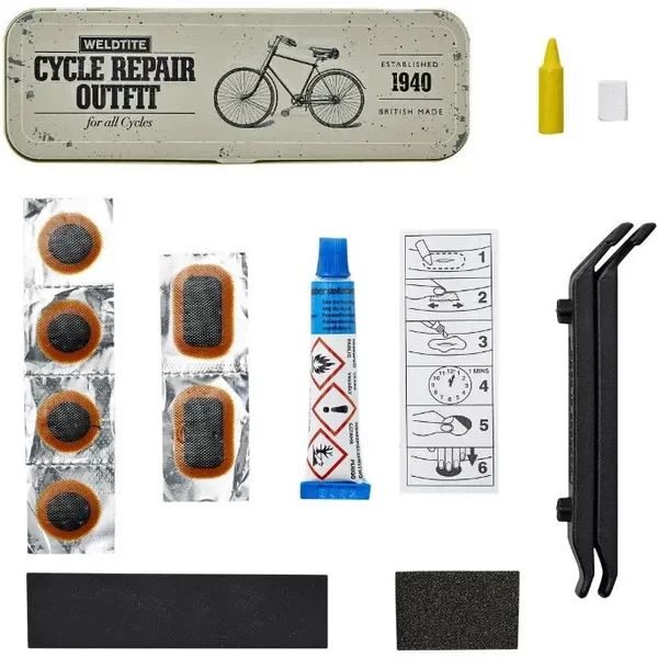 Kit RéParation Chambre à Air 1940 Vintage Metal - BoîTe 6 Patchs 25Mm + Colle 5G + Papier Ponce + Bande Caoutchouc Avec Notice Si Commande Quantit� 24 Alors Livr� Avec PréSentoir Weldtite-image