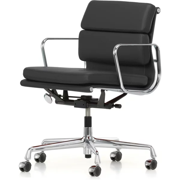 Vitra - EA 217 Soft Pad Bürostuhl Chrom mit Armlehnen, drehbar, Leder Premium F asphalt (Hartbodenrollen) Vitra EA 217 Soft Pad Bürostuhl Chrom mit Armlehnen