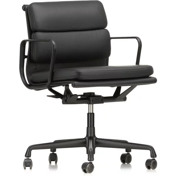 Vitra - EA 217 Soft Pad Bürostuhl beschichtet tiefschwarz mit Armlehnen, drehbar, Leder Premium F nero (Hartbodenrollen) Vitra EA 217 Soft Pad Bürostuhl beschichtet tiefschwarz mit Armlehnen