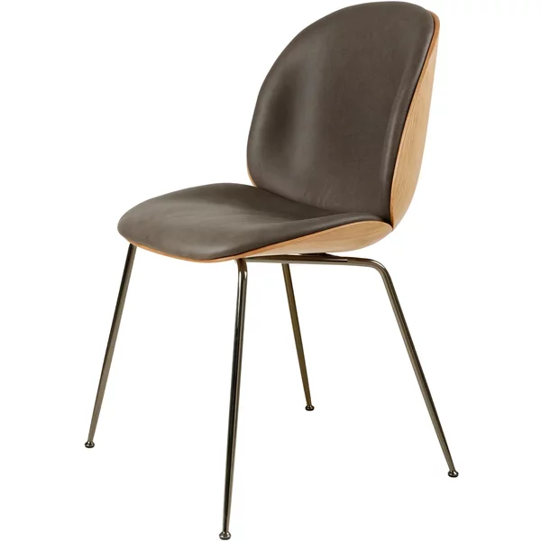 GUBI - Beetle Stuhl 3D Veneer, Vorne gepolstert, Eiche / GUBI Soft Leather (Gray) PG C / Gestell Chrom schwarz Gubi Beetle Stuhl 3D Veneer