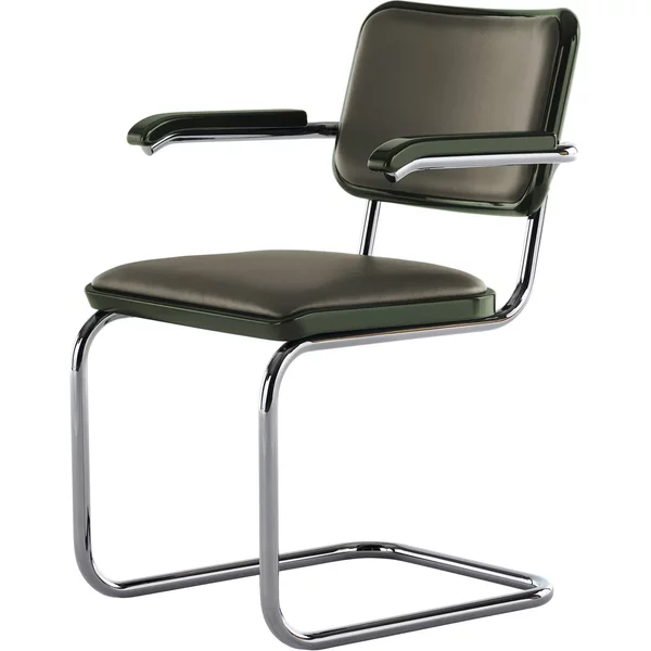 Thonet - JS. THONET a personal Interpretation by Jil Sander S 64 V Serious Armlehnstuhl, Glossy Titan / Buche high-gloss graphite green / Leder graphite green Thonet JS. THONET a personal Interpretation by Jil Sander S 64 V Serious Armlehnstuhl