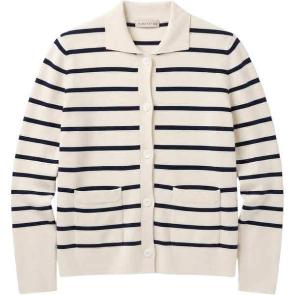 Purotatto Maglia Donna a Righe Ecru e Blu con Bottoni