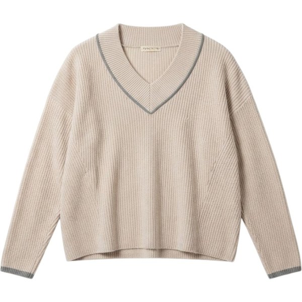 Purotatto Maglia Donna in Lana Beige Scuro con Scollo a V