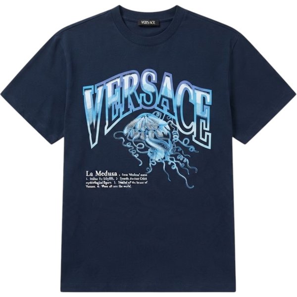 Versace T-shirt in Blu Fantasia con Stampa Medusa