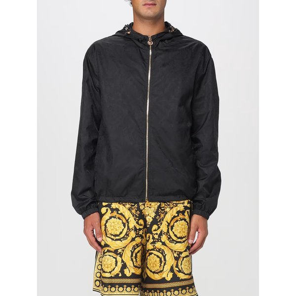 Versace Giacca Giubbino Nero con Cappuccio e Zip Dorata